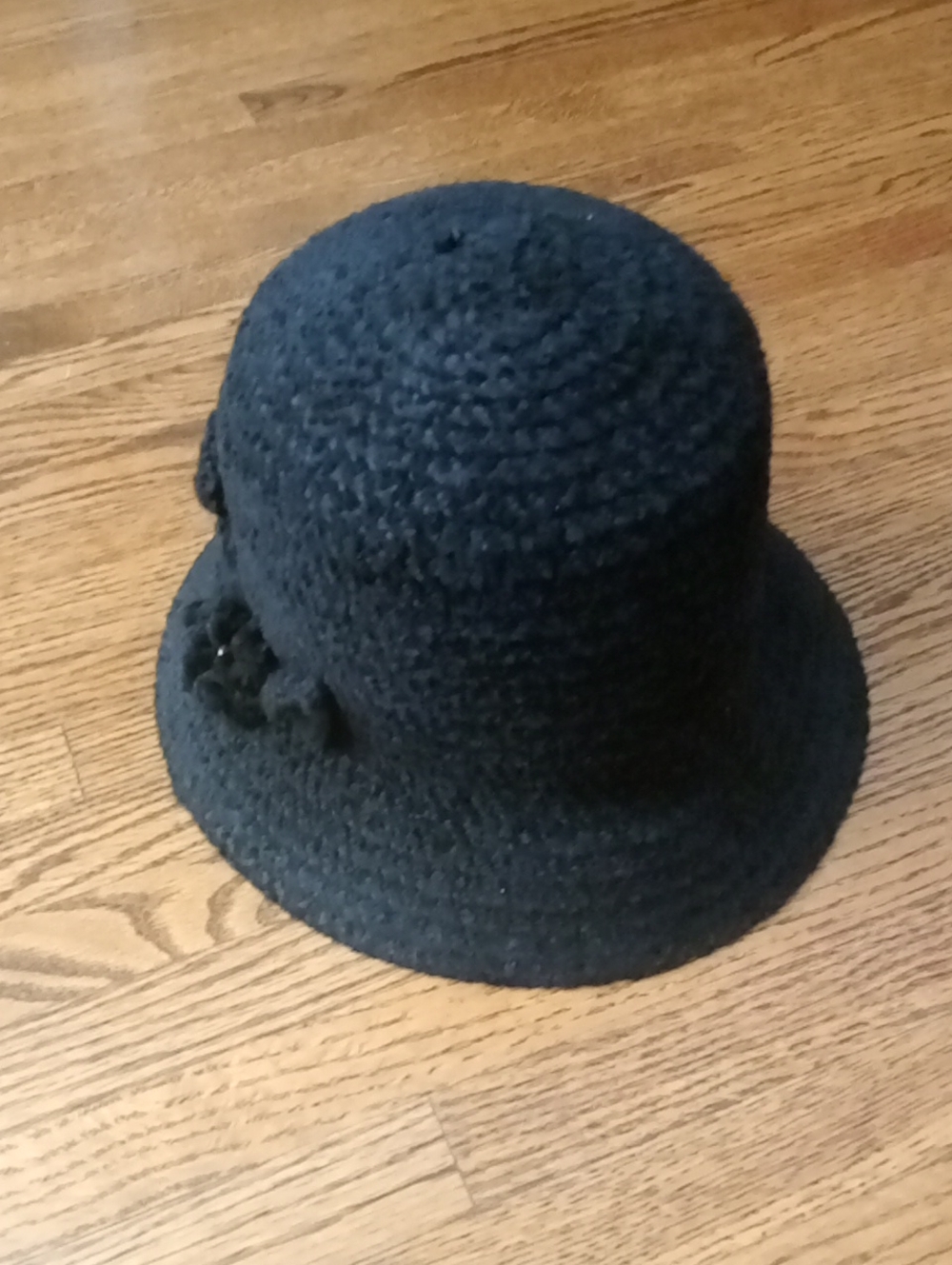 Betmar Black Crochet Cloche Hat with Floral Accent (Inside Measures 10")